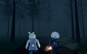 Roblox Piggy characters exploring a dark forest during Halloween gameplay
