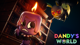 Dandy's World Roblox promotional artwork showing a candle character and a spider-like creature in a dark library setting