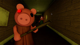 Roblox Piggy horror gameplay reference showing Piggy in a dim wooden corridor; not The Hollow Night 9 footage