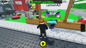 Roblox Sell Lemons gameplay showing a player avatar near a lemon stand and upgrade interface