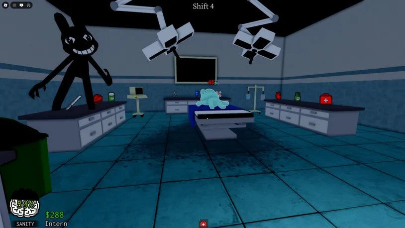 A Roblox Animal Hospital horror-game scene with a dark creature in a clinical room, used as a related gameplay illustration