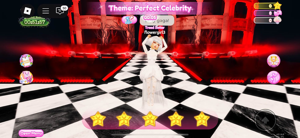 Dress to Impress Roblox runway with a player avatar modeling a white gown during a themed fashion round