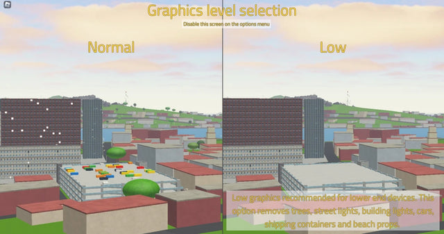 Roblox gameplay comparison showing normal and low graphics quality, used as an illustrative performance example