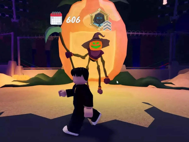 Roblox 99 Nights in the Forest Halloween event scene with a glowing pumpkin and scarecrow