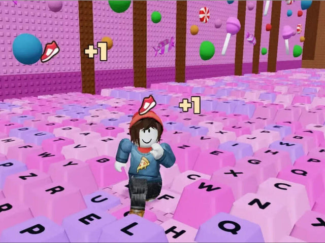 Roblox keyboard escape gameplay showing a character on oversized pink keyboard platforms