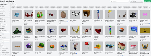 Roblox Marketplace interface showing avatar item listings and prices; general catalog example, not the selective 175-Robux offer