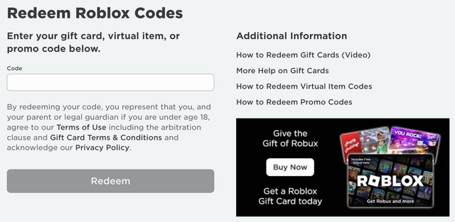 Official Roblox code redemption interface with a code field and Redeem button