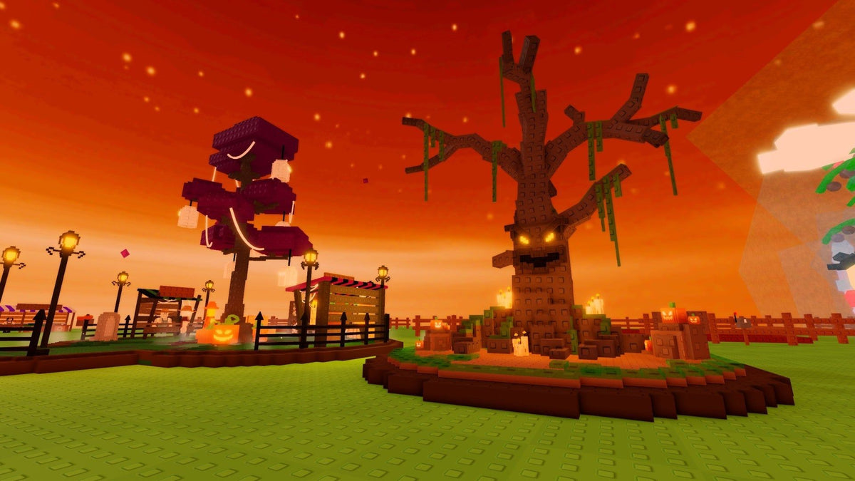 Grow a Garden Ghoul Garden Halloween event area with pumpkins and market stalls