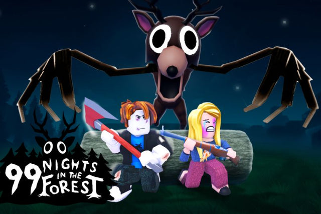 99 Nights in the Forest promotional image featuring the deer-like horror creature and Roblox avatars