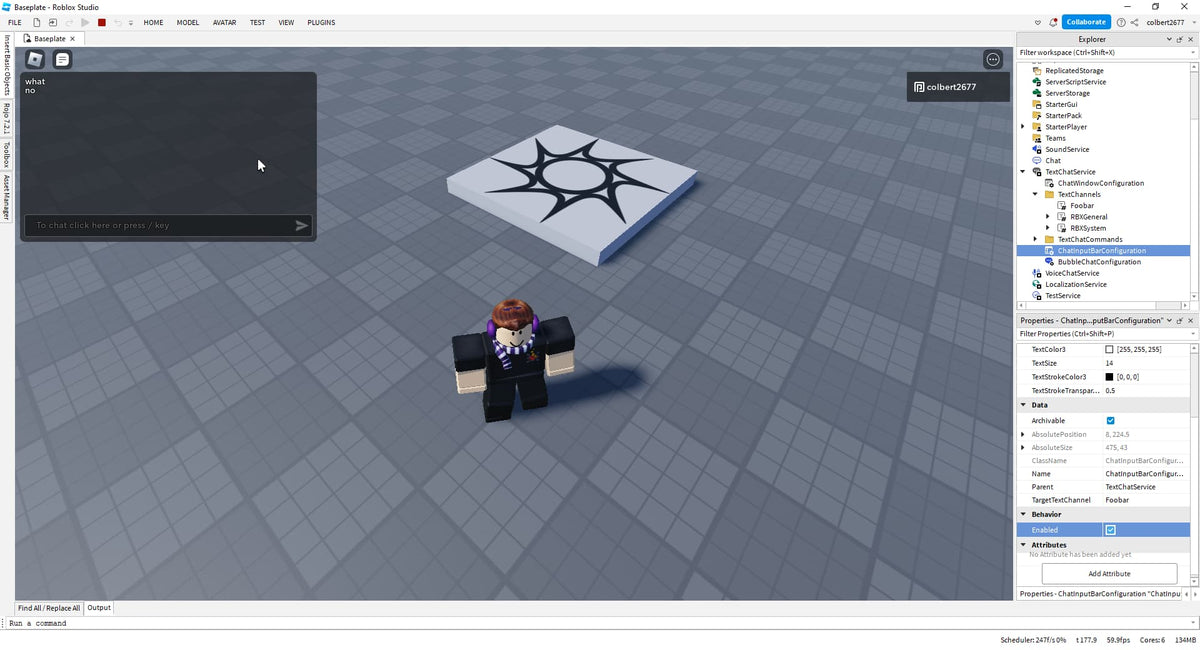 Roblox Studio interface showing TextChatService configuration
