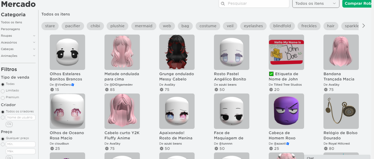 Roblox Marketplace interface showing avatar items with Robux prices; general Marketplace example, not proof of the reported offer