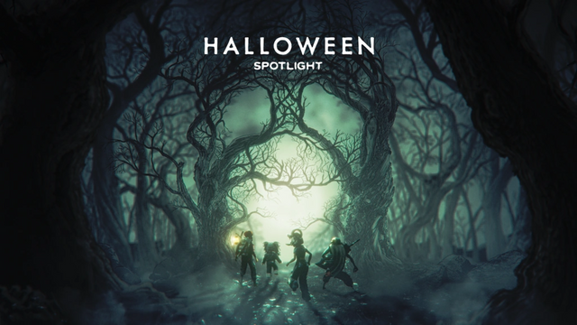 Historical Roblox Halloween Spotlight artwork showing avatars entering a spooky forest; used as seasonal context, not a 2026 event confirmation