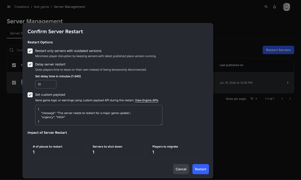 Roblox Creator Dashboard confirmation dialog for restarting game servers