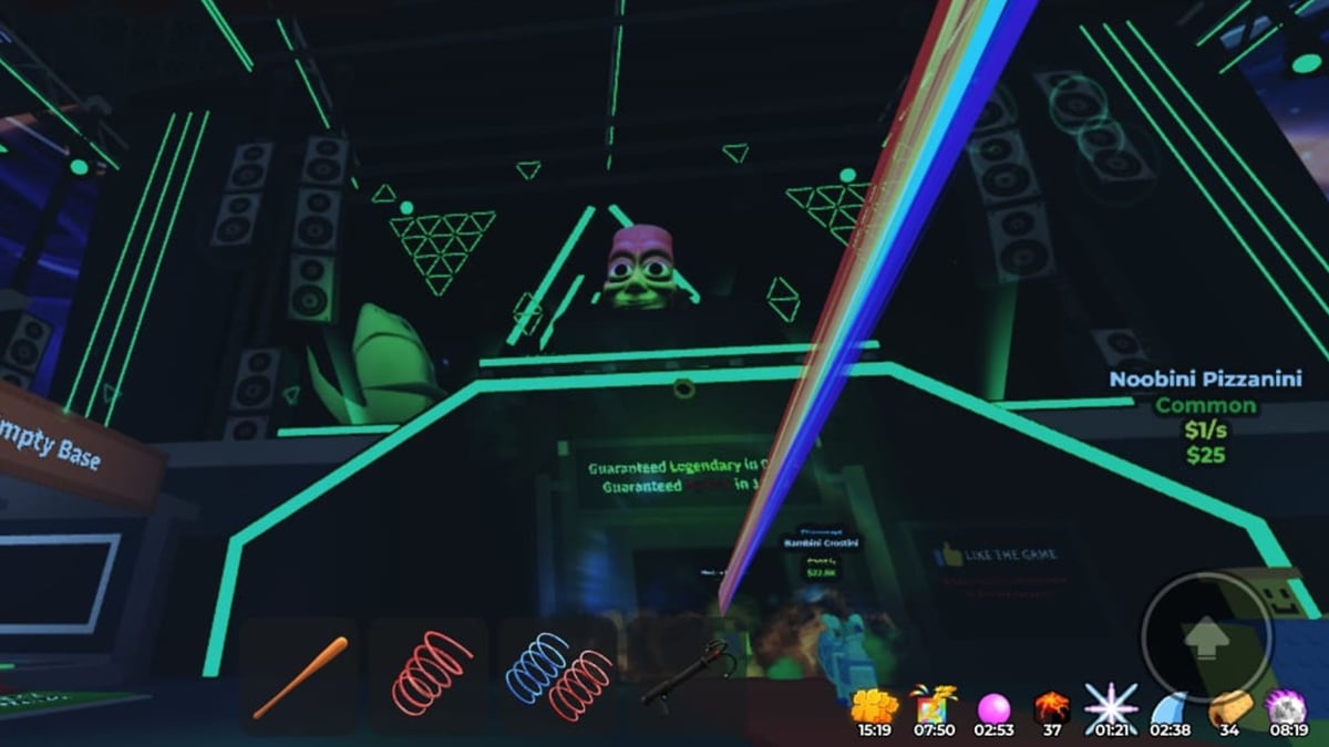 Roblox Steal a Brainrot gameplay with a bright neon stage and in-game interface