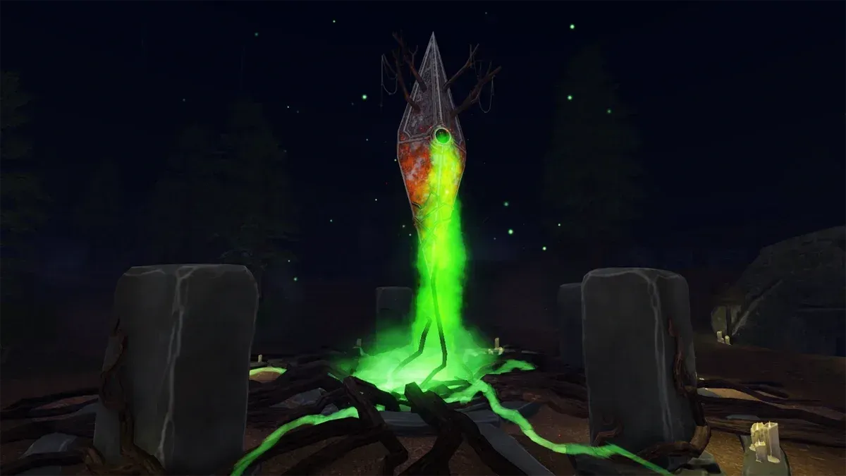 Roblox Halloween Spotlight haunted obelisk in a dark forest, seasonal Halloween editorial image