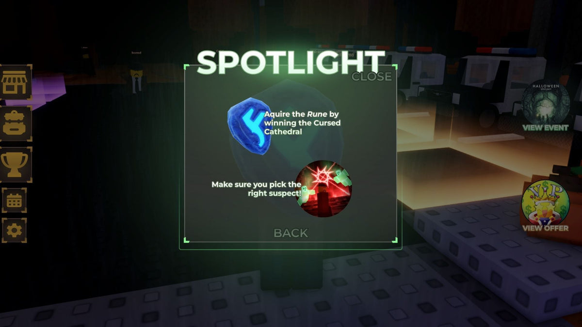 Roblox Halloween Spotlight 2025 event quest prompt, shown as historical context rather than The Hollow 2026 gameplay