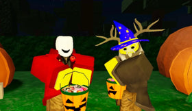 99 Nights in the Forest Halloween trick-or-treat scene with Roblox avatars and pumpkin candy buckets