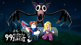 Promotional artwork showing the Deer looming over survivors in 99 Nights in the Forest