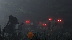 A foggy Roblox horror-game forest scene with shadowy figures and glowing eyes