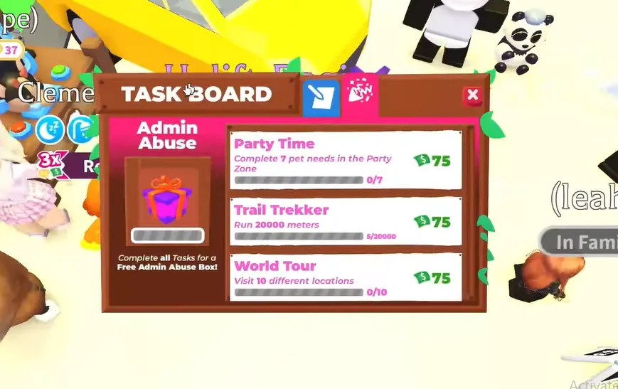 Adopt Me Admin Abuse task board showing event objectives; illustrative image of the event format, not the October 17 reward results