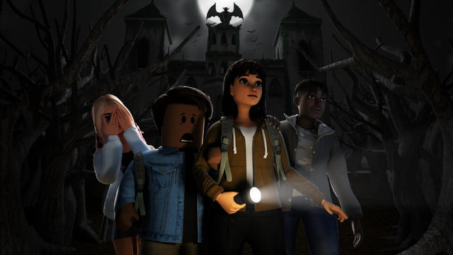 Roblox Halloween event artwork showing avatars entering a haunted forest