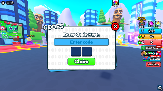 Roblox Brainrot Training code redemption interface with an Enter code field and Claim button