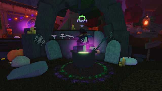Beatrix the Witch and her glowing cauldron in a historical Roblox FischFright event screenshot