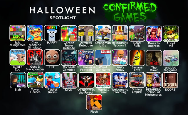 Roblox Halloween Spotlight game lineup poster used as historical seasonal context for choosing a short side event