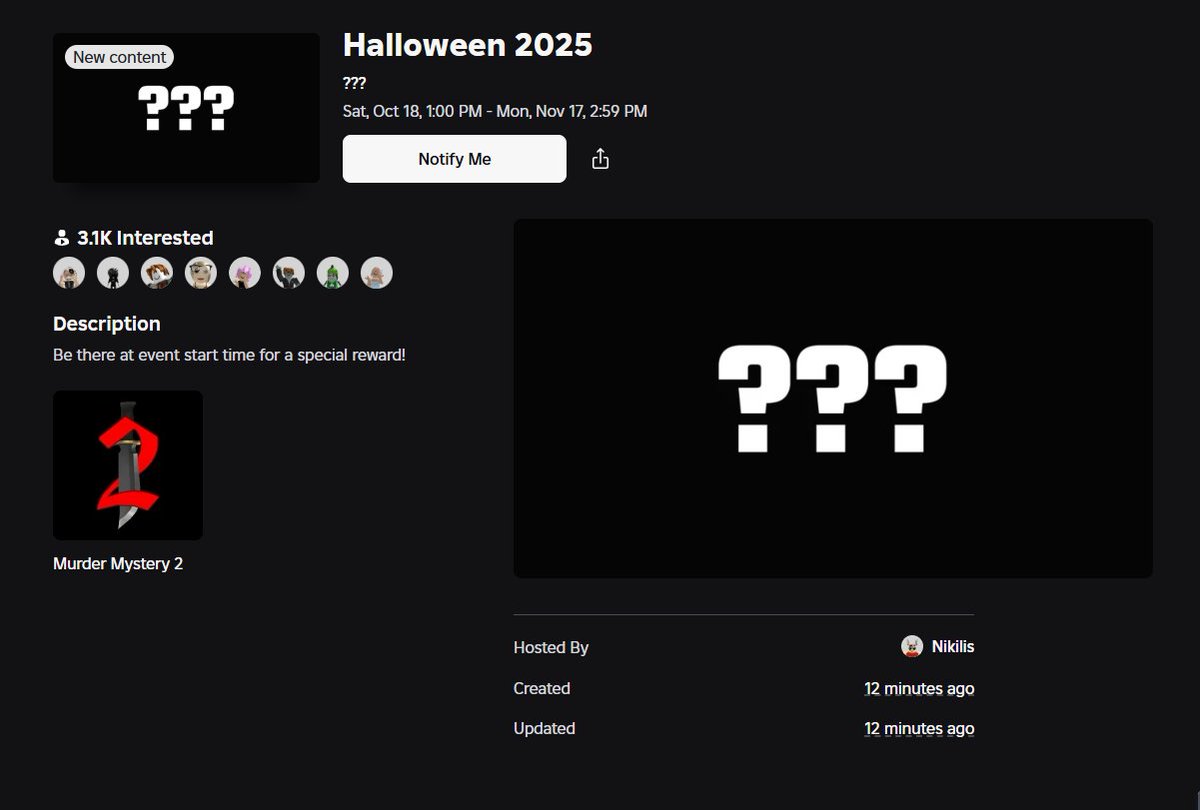 Murder Mystery 2 Halloween event announcement artwork from the 2025 event, used as historical context