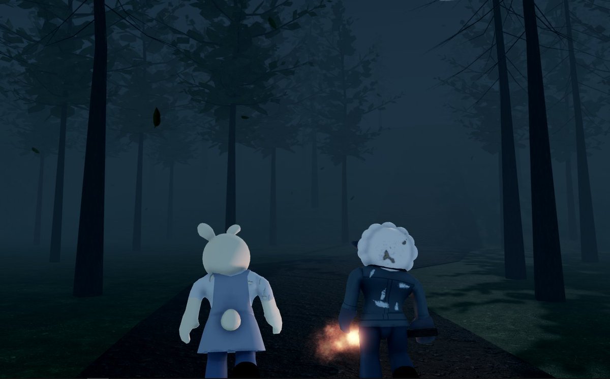 Roblox Piggy characters exploring a dark forest during Halloween gameplay