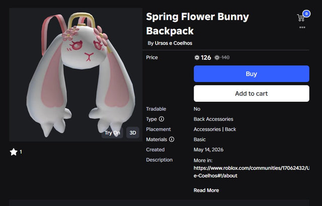 Roblox Spring Flower Bunny Backpack back accessory listing illustrating why the item’s Tradable status must be checked