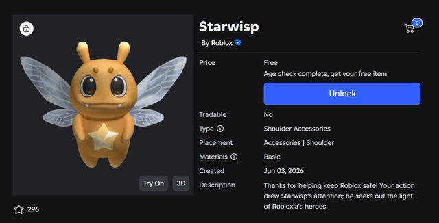 Roblox catalog listing for the Starwisp shoulder accessory showing its price as free