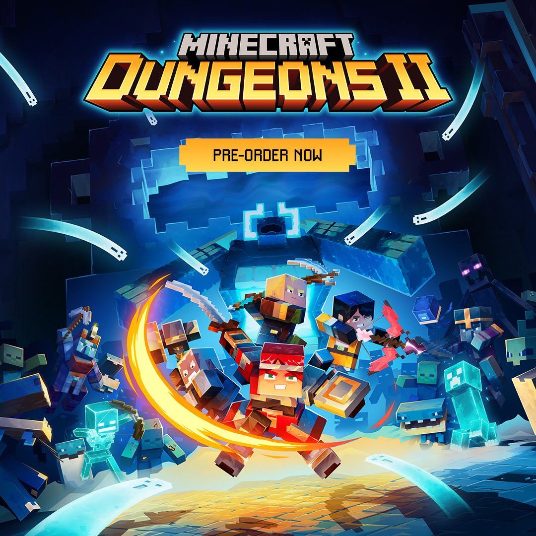 Minecraft Dungeons II promotional poster shared on X, showing heroes in a dungeon