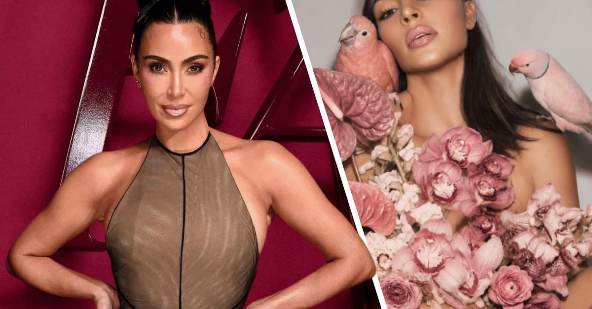 Kim Kardashian Poses Nude in Lost Donna Trope Floral Photoshoot With Pink Parakeets