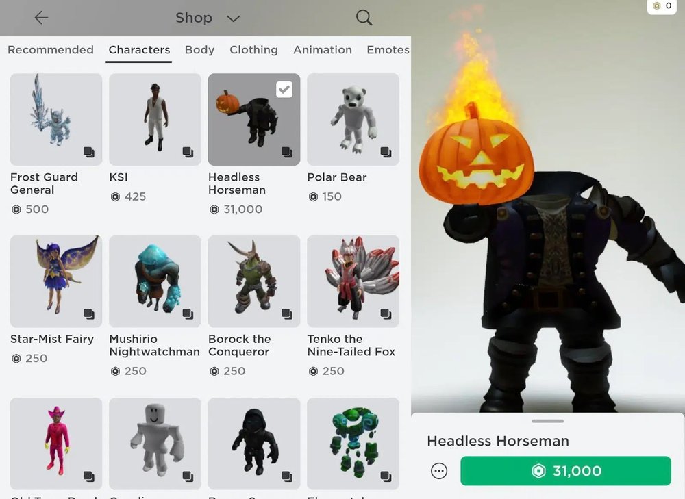 Roblox Avatar Shop showing a classic Headless Horseman bundle as a historical Halloween Marketplace example