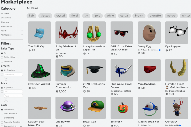 Roblox Marketplace screenshot showing a range of avatar accessories and virtual items