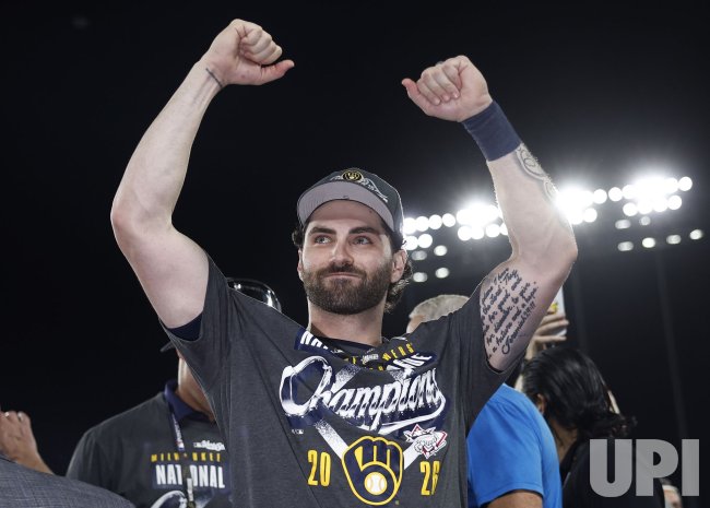 Garrett Mitchell celebrates after the Milwaukee Brewers eliminated the Los Angeles Dodgers in Game 4 of the 2026 NLCS