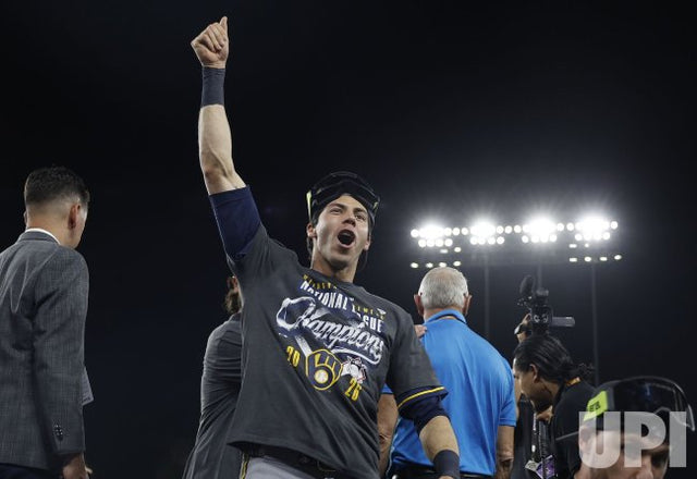 Christian Yelich celebrates after Milwaukee defeated the Dodgers 6–4 to win the 2026 NLCS and return to the World Series