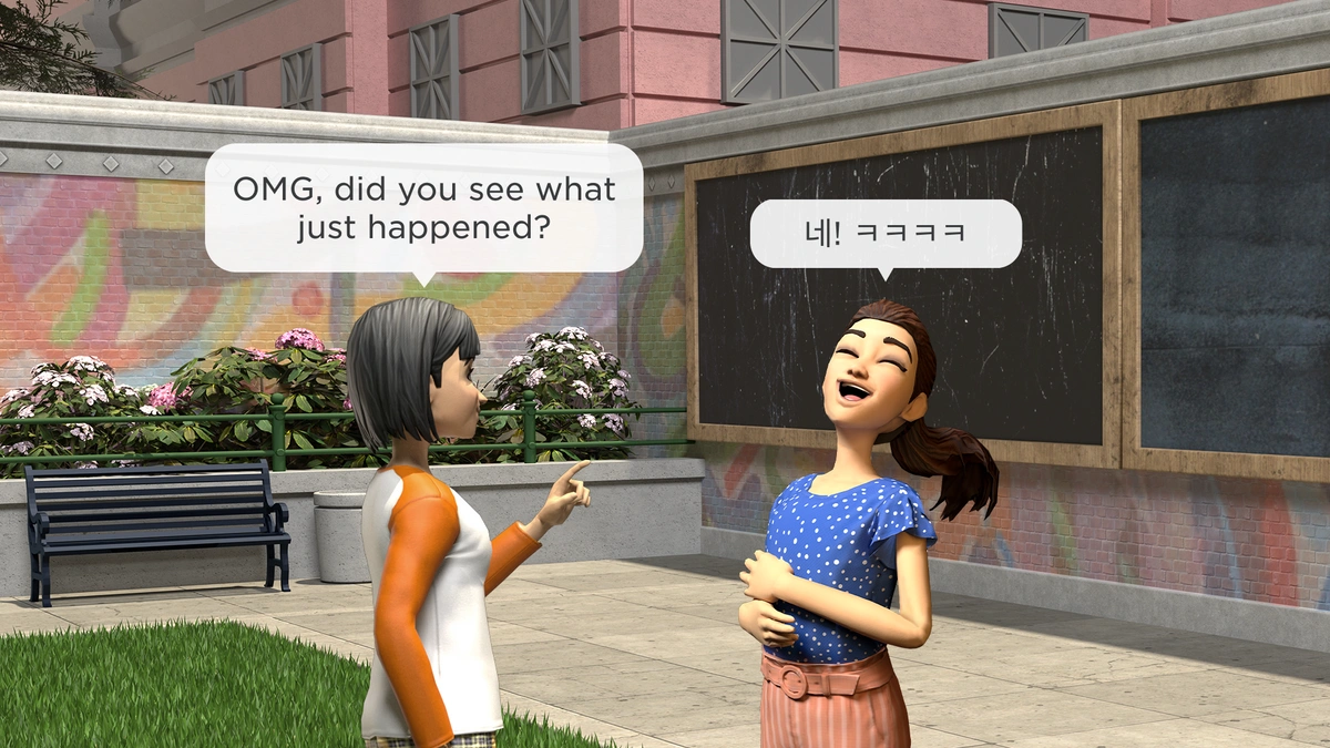 Roblox avatars chatting in an experience to illustrate real-time cross-language text communication