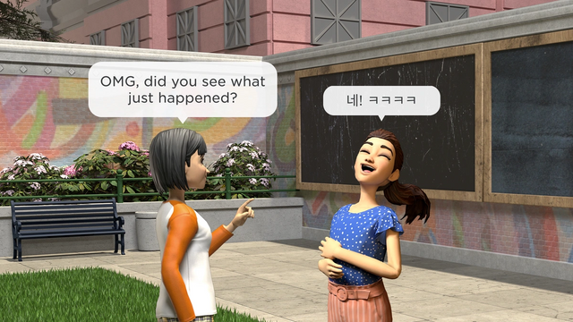 Roblox avatars chatting in an experience to illustrate real-time cross-language text communication