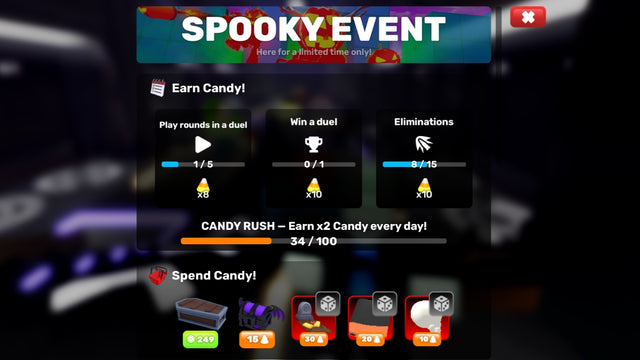 Roblox RIVALS Spooky Event interface showing Halloween Candy tasks and reward shop