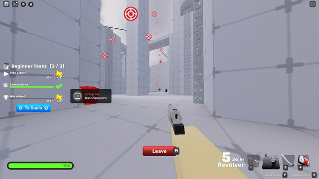 RIVALS Roblox shooter arena with a revolver aimed toward marked targets