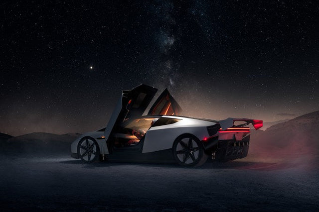White Tesla Roadster prototype shown at night with doors open, Tesla reveal imagery