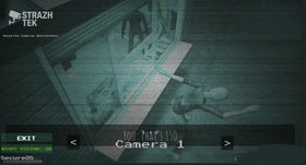 Night-vision surveillance view from Scary Shawarma Kiosk showing a shadowy figure in the kiosk area