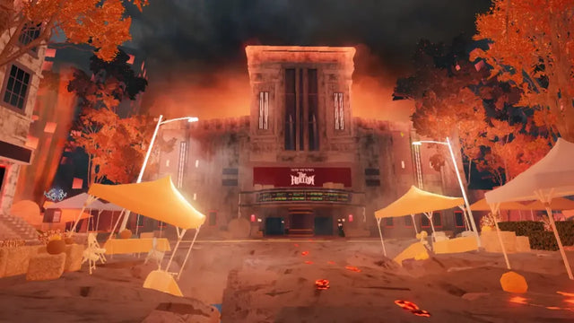 The Hollow Roblox Halloween hub with autumn decorations, used as the featured image for a free avatar outfit guide