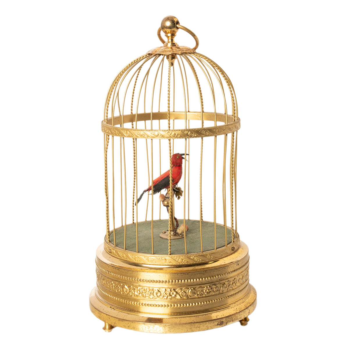 Antique German singing-bird automaton in a brass cage, illustrative image for the Kelly Clarkson $2,000 bird alternative story