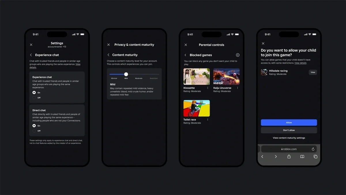 Roblox parental controls interface illustrating age-appropriate access settings