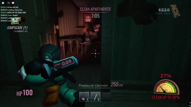 Clean Crew Roblox gameplay in a dark apartment with a pressure cannon and cleaning objective