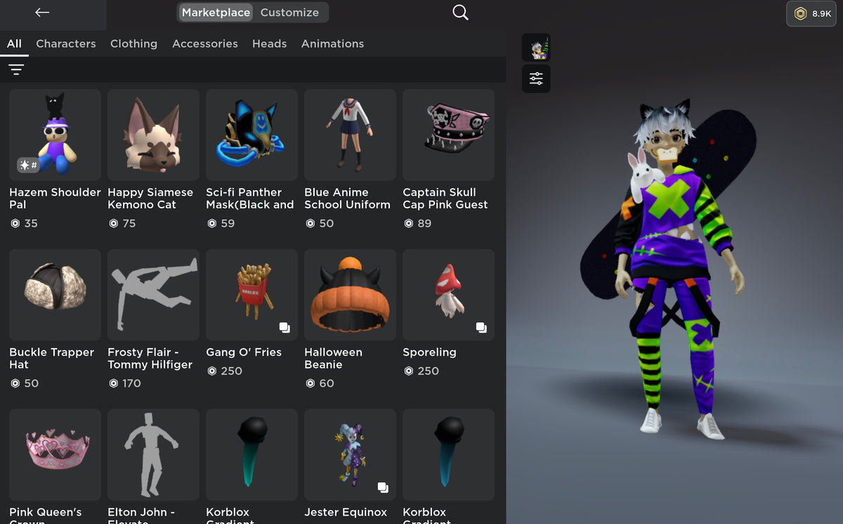 Roblox avatar marketplace and character customization interface