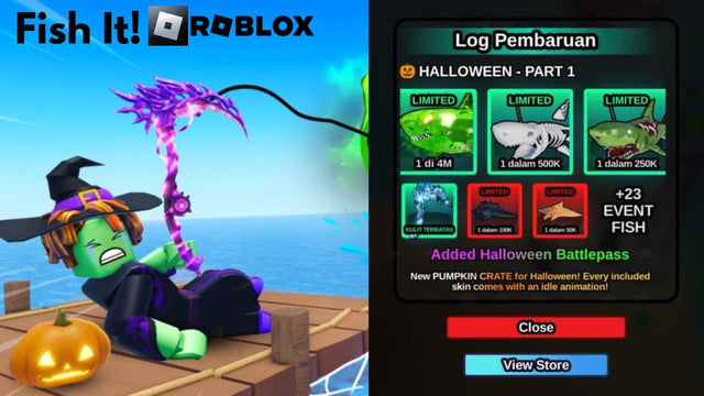 Fish It Halloween update log showing seasonal fish and event pass details